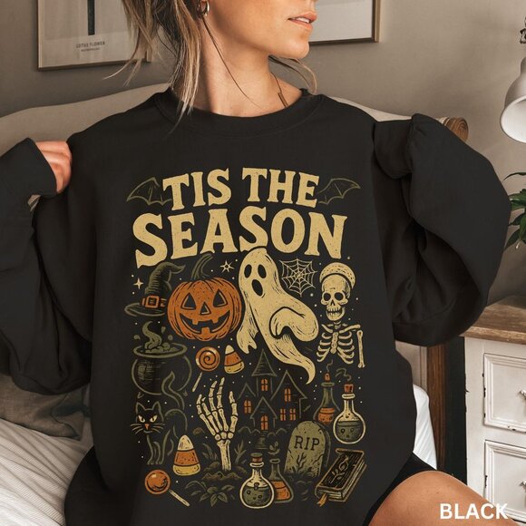 Retro Halloween Sweatshirt, Tis' the Season, Vintage Halloween Pumpkin Ghost - Picture 1 of 5